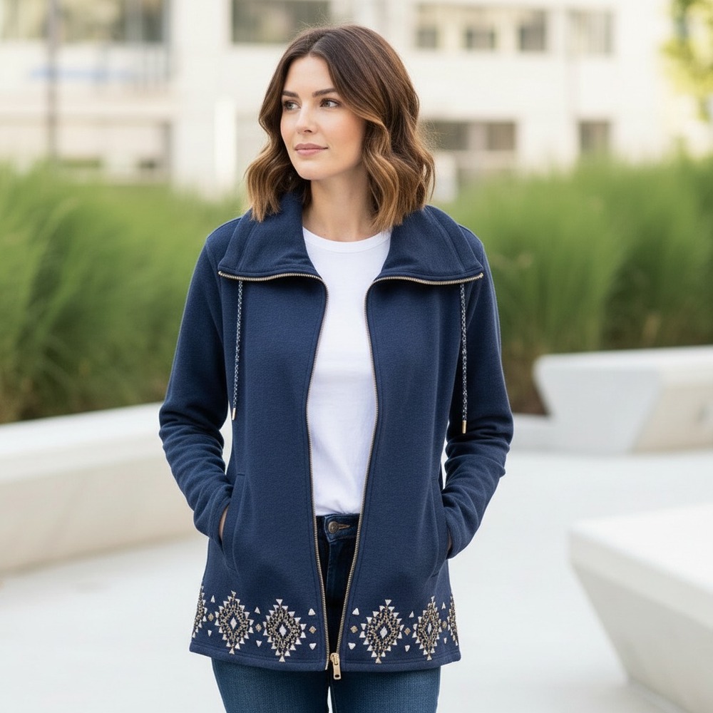 Ruby Rd S Jacket Blue Gold Beaded Zip Pockets Boho Grandma Indie Artsy Casual